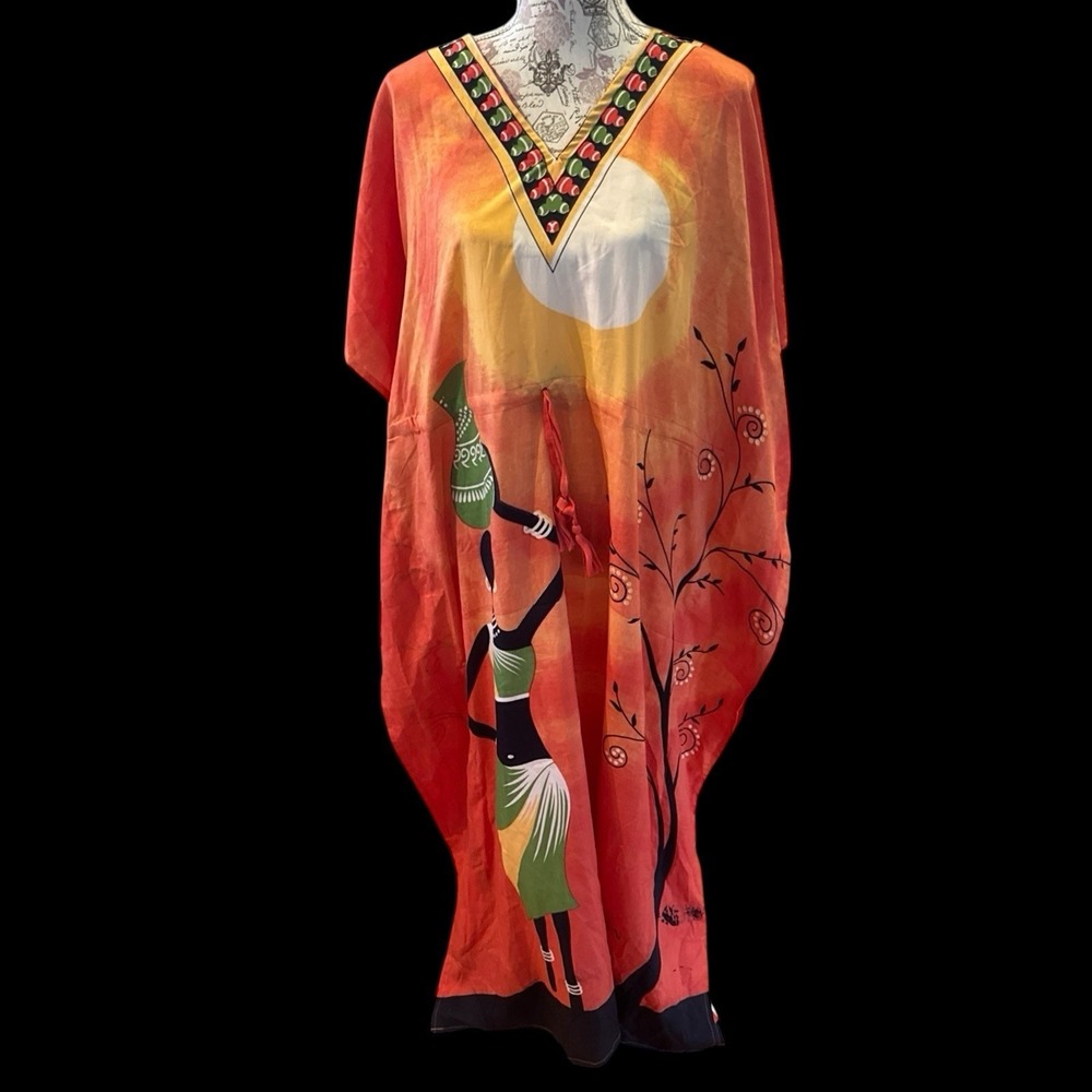 Women's African Print Kaftan Dress With Center Tie V Neck Red & Green One Size